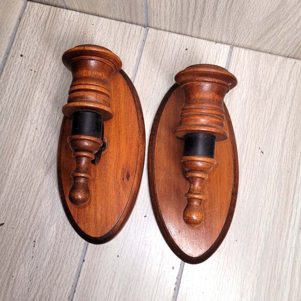 Vtg Wooden Wall Votive Candle Holders Sconces 7"x3" Cottagecore Farmhouse MCM